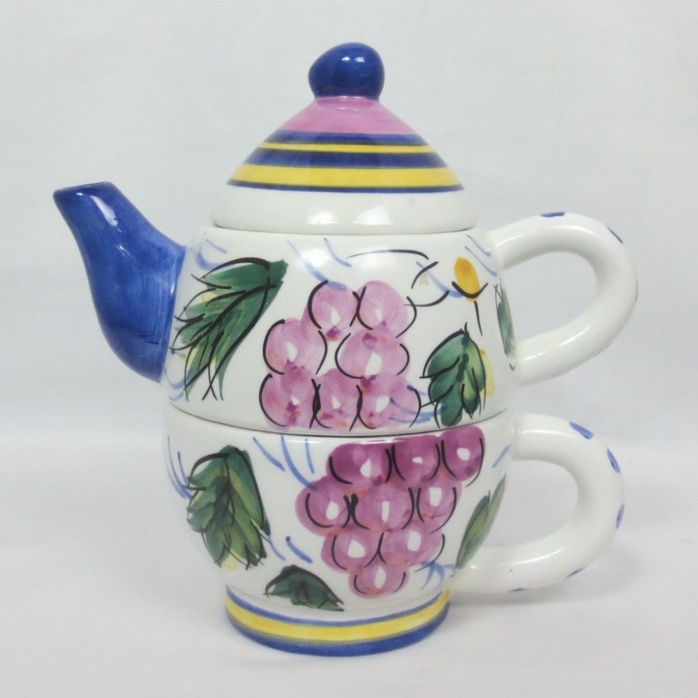 New Bella Casa Teapot Lid Cup Set by Ganz Tea 4 One White Colorful Fruit Design